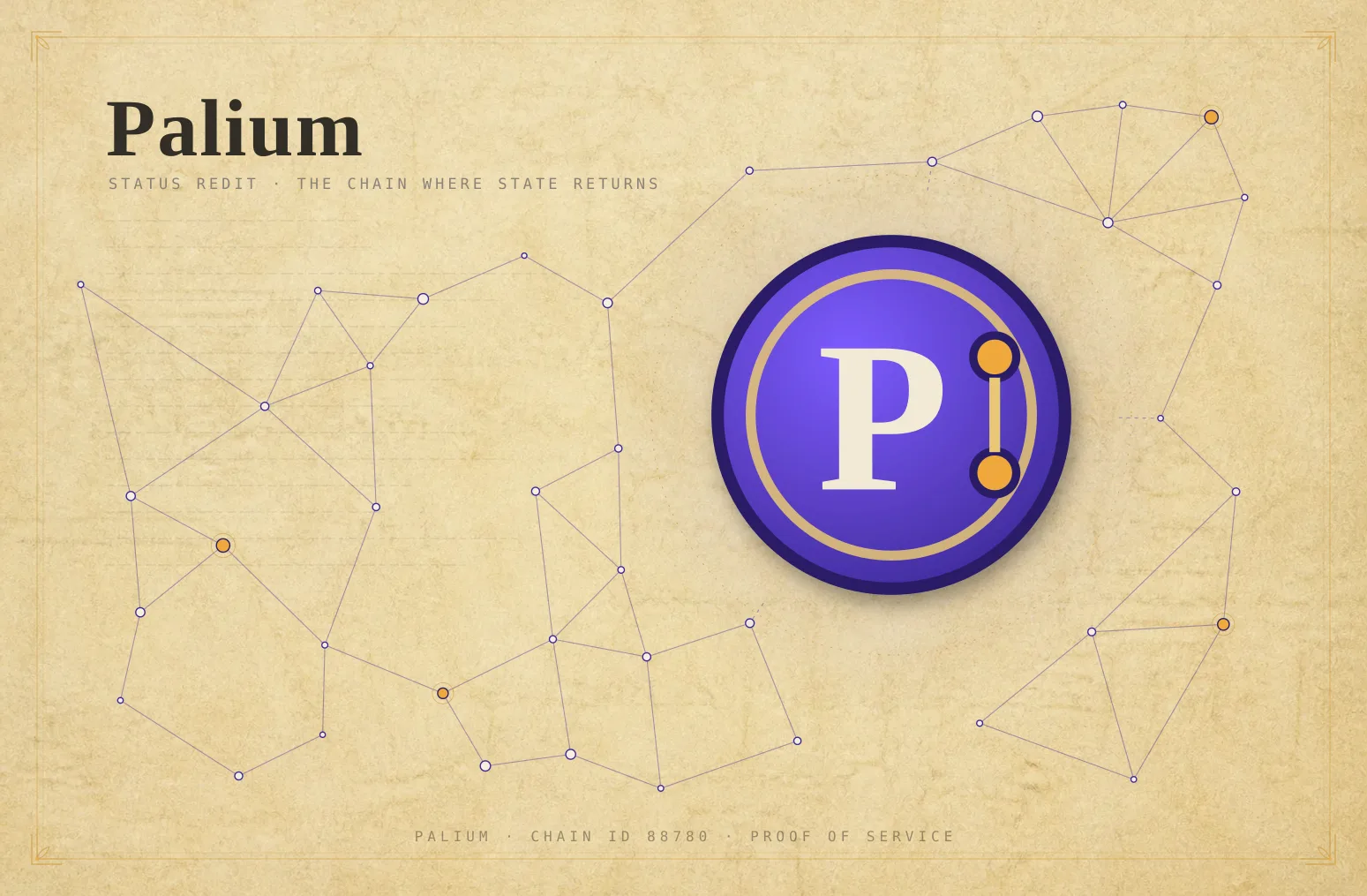 Palium codex in violet and gold: a chain-link mesh and a serif P seal on parchment